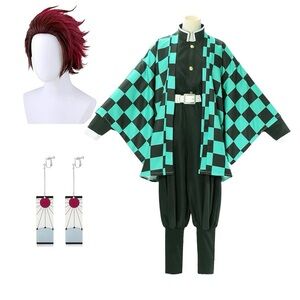 Demon Slayer Kamado Tanjirou Costume for Men Cosplay Wig Bundle